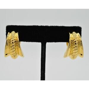 Fernando Originals Vintage Clip On Earrings Shiny Gold Chunky Hoop Signed 80s 9M